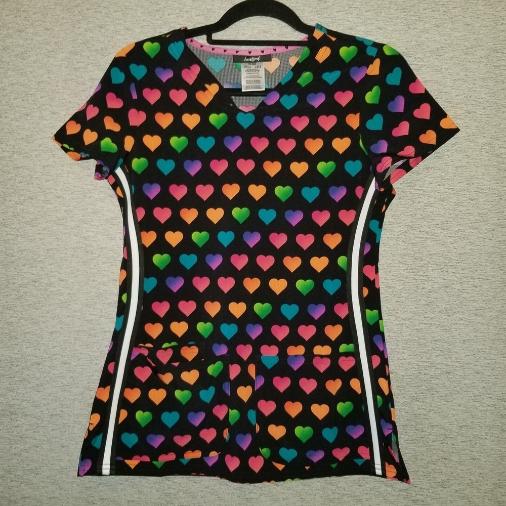 Rainbow Love HeartSoul Scrubs V Neck Top XS HS720 Short Sleeve Hearts Medical